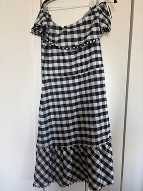 Ann Taylor Off The Shoulder Black and White Gingham Midi Dress